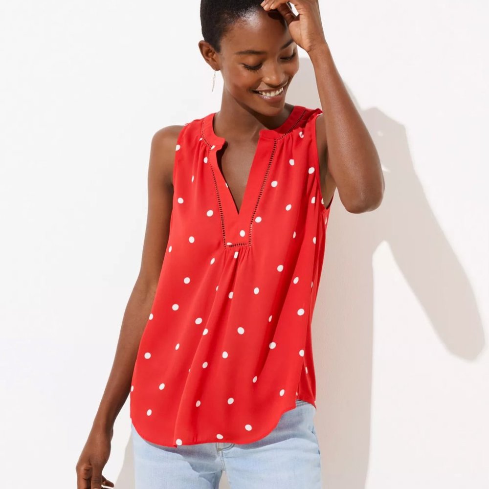 Sleeveless LOFT Red and White polka dot top